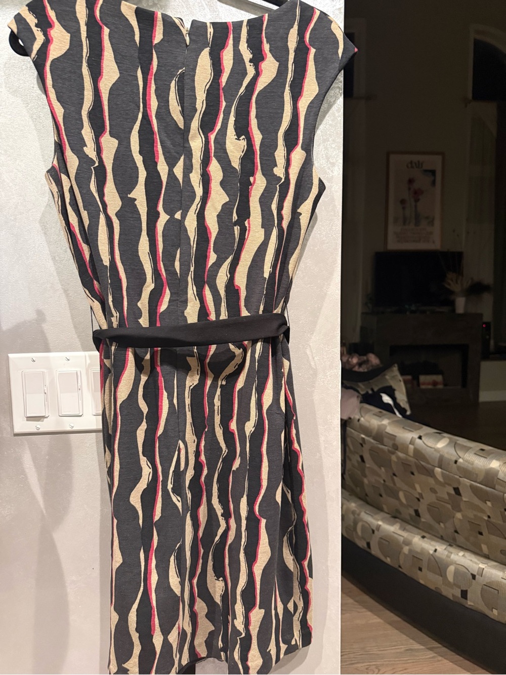 Trina Turk Black, Cream and Red Abstract Stripe Midi Dress